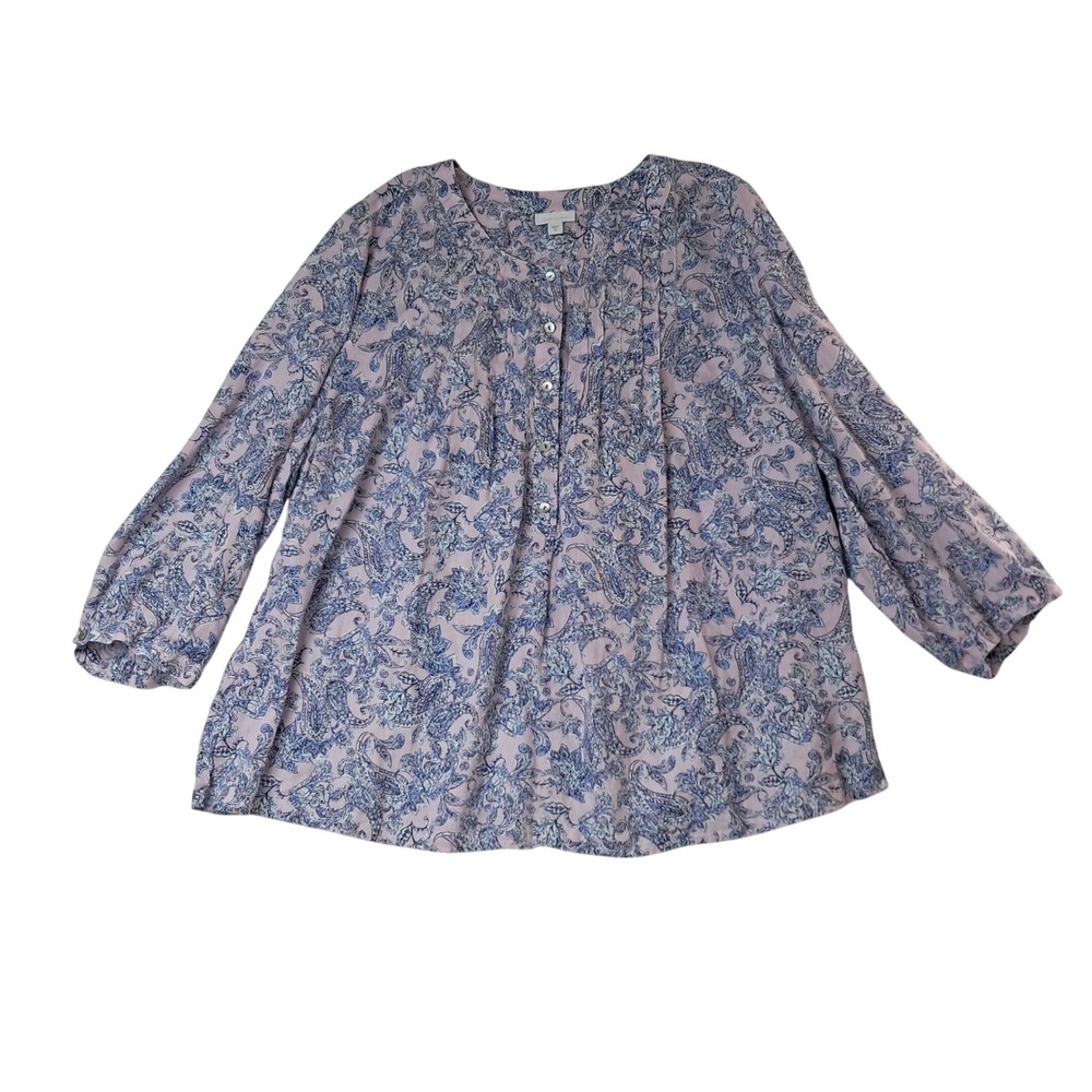 J. Jill Blouse Womens 3X Pink Paisley Love Linen Pintuck Button Front Tunic Top